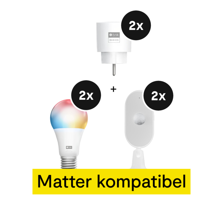 tink Basics Matter Set - mit 2 Smart Plugs + 2 White & Color E27 Bulbs + 2 Motion Sensors