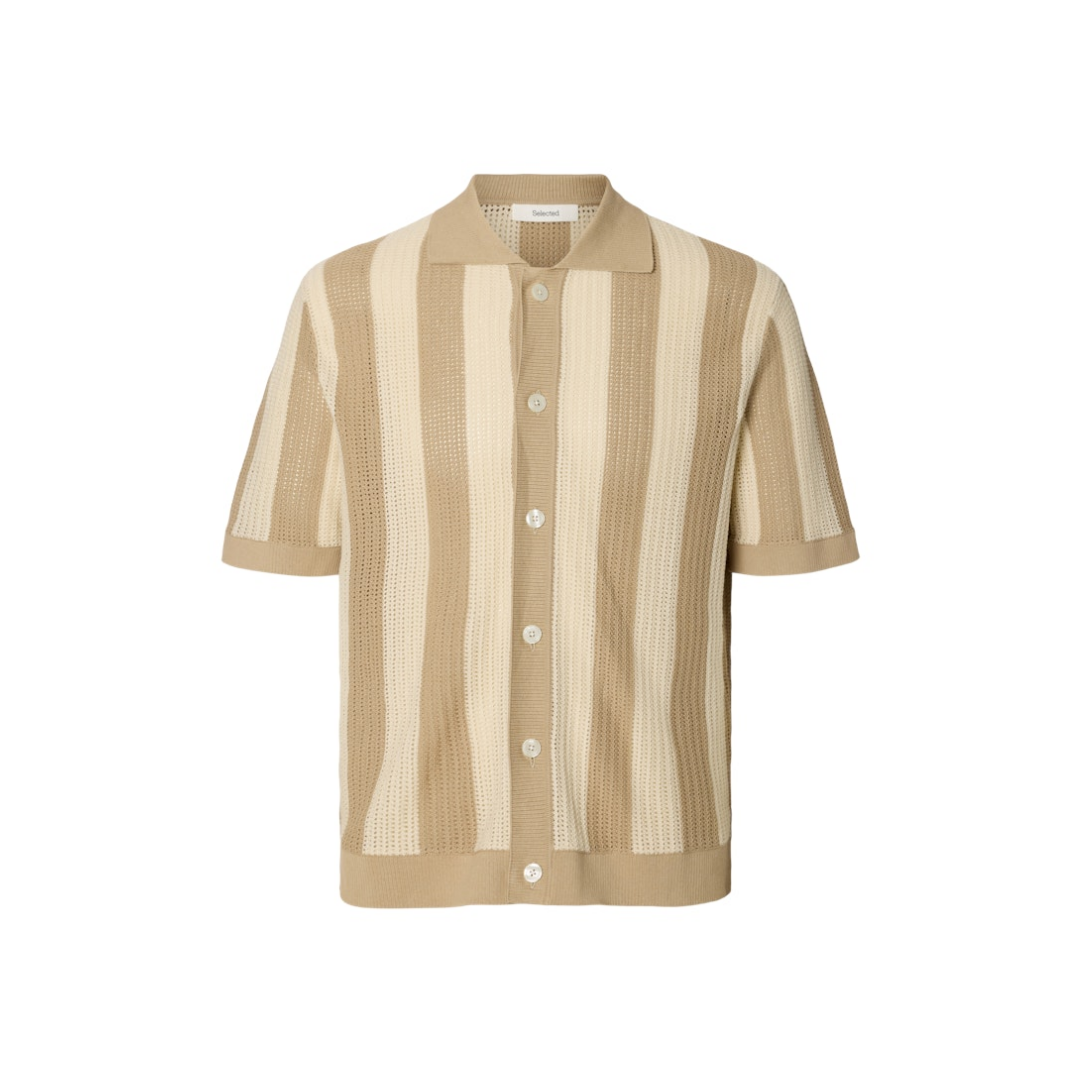 Selected Polo Strickjacke Polokragen Kurzarm Beige