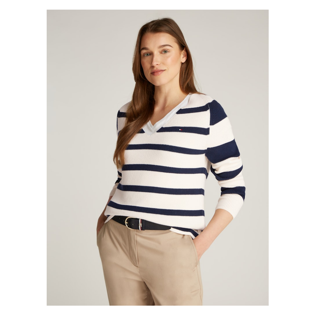 Tommy Hilfiger - Damen Pullover - ivory petal-dark night navy stp - Größe: M - bei Tara-M
