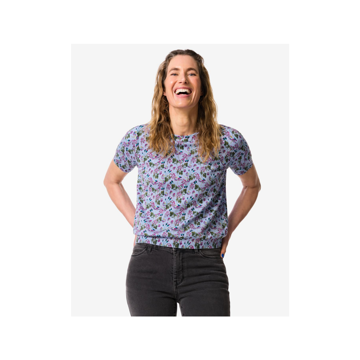 HEMA Damestrui Fally fijngebreid bloemen lichtblauw (lichtblauw)