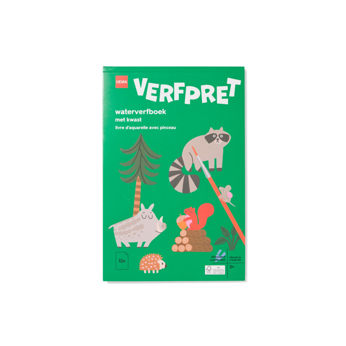 HEMA Waterverfboek met kwast 14x21cm bosdieren