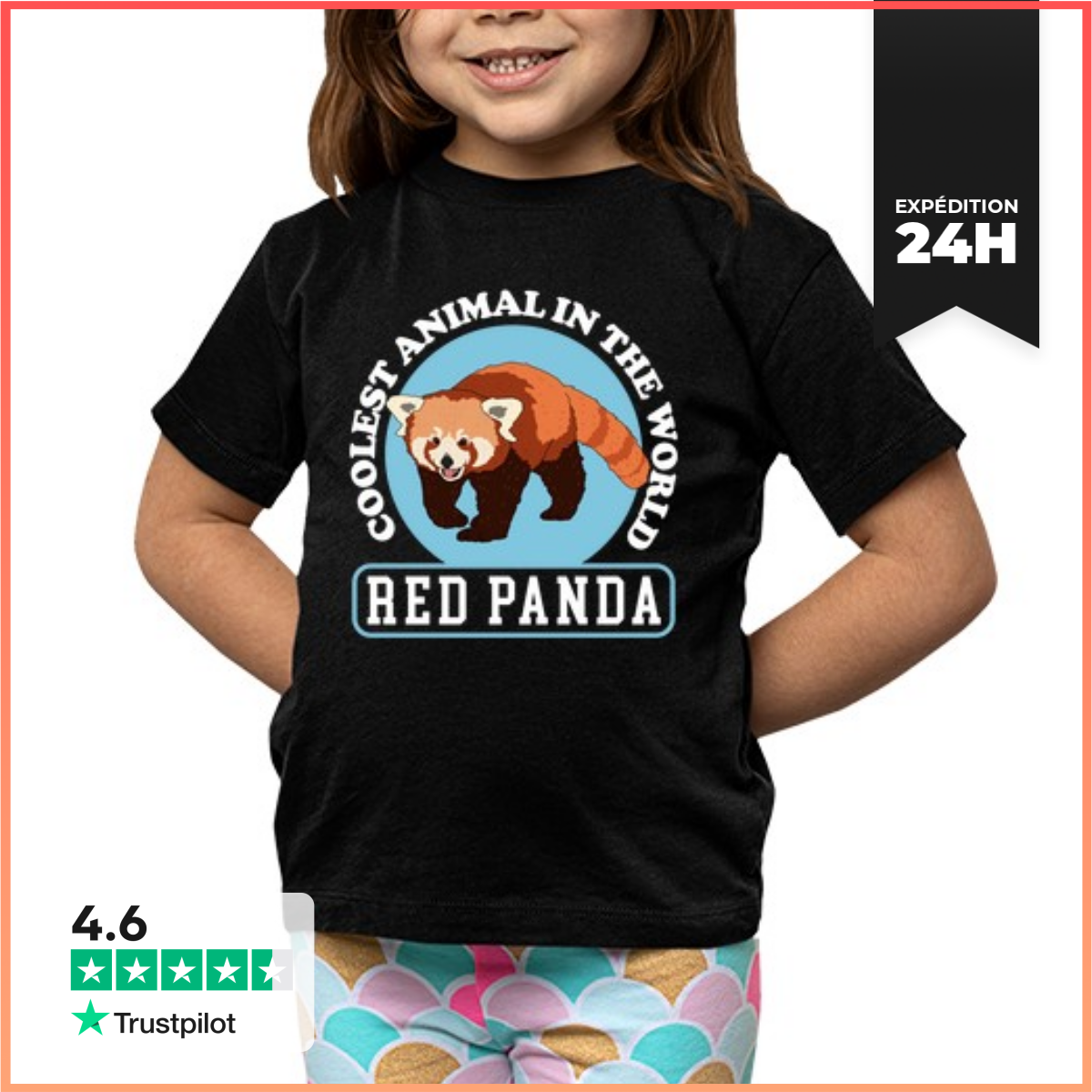 Tee Shirt Pour Enfant Manche Courte Panda Rouge Cool Est Animal Pandas-image