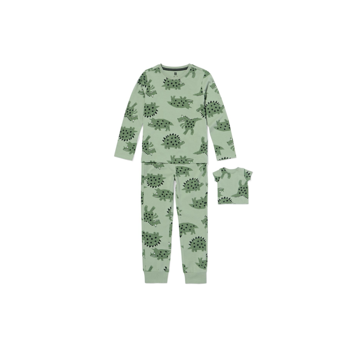 HEMA HEMA Kinderpyjama Met Poppenpyjama Dino Donkergroen (donkergroen)