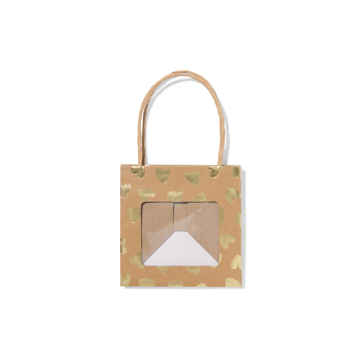 Cadeautasje Met Venster 10x11x11cm Kraft Hartjes Goud
