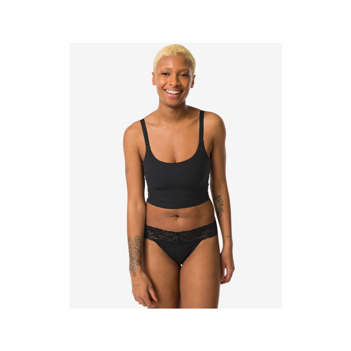 HEMA Damesstring katoen met kant zwart (zwart)