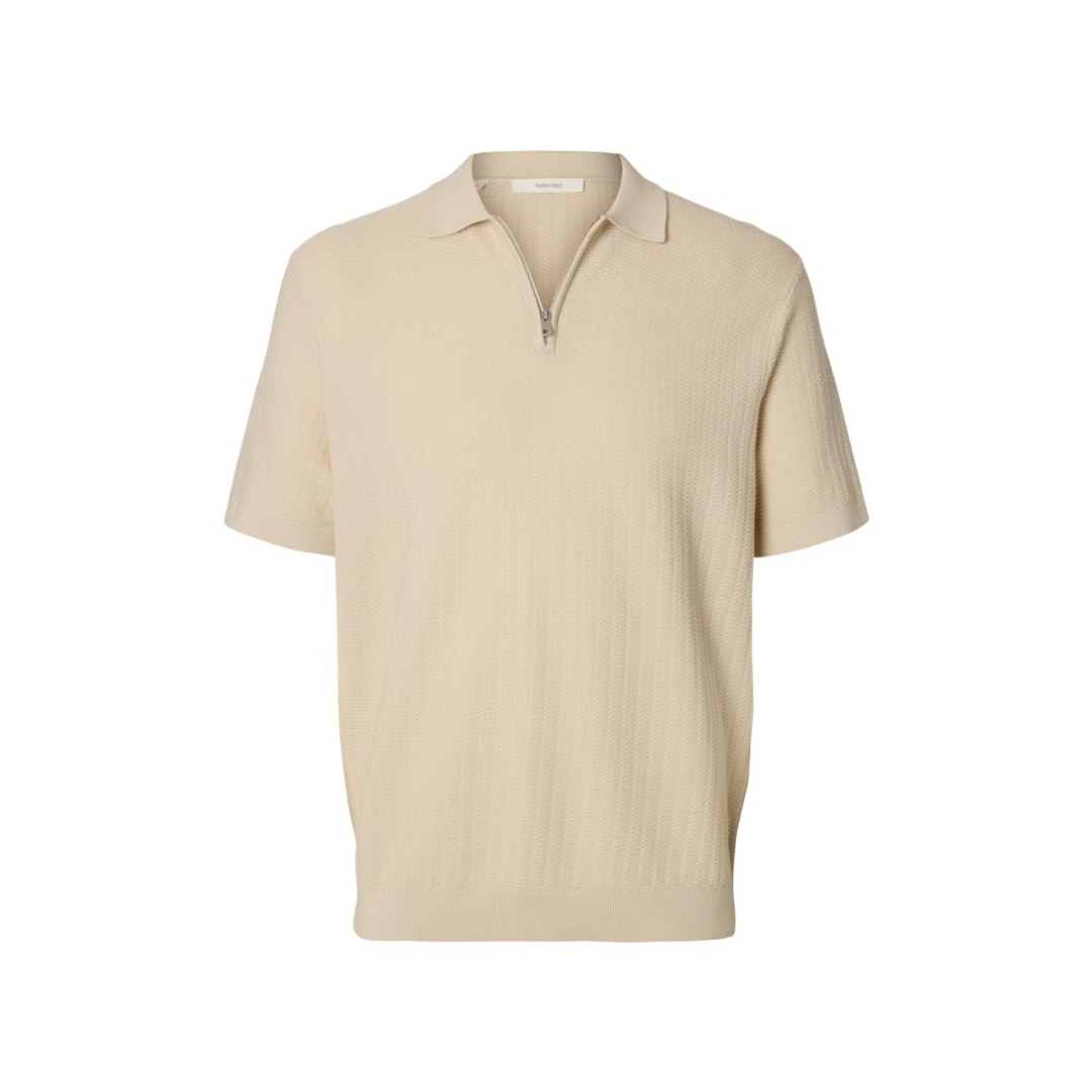 Selected Polo Knit Structure Zip Baumwolle Oatmeal