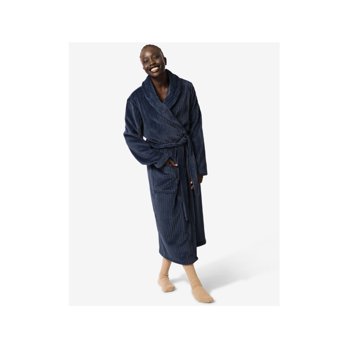 HEMA Badjas rib fleece donkerblauw (donkerblauw)