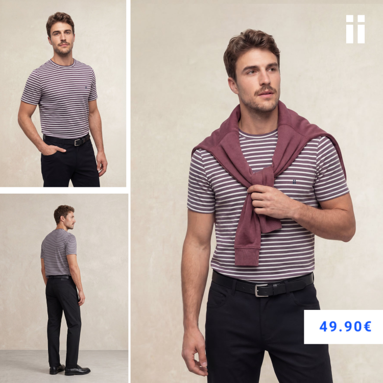 Camiseta hombre cuello redondo estampado rayas moradas Soft