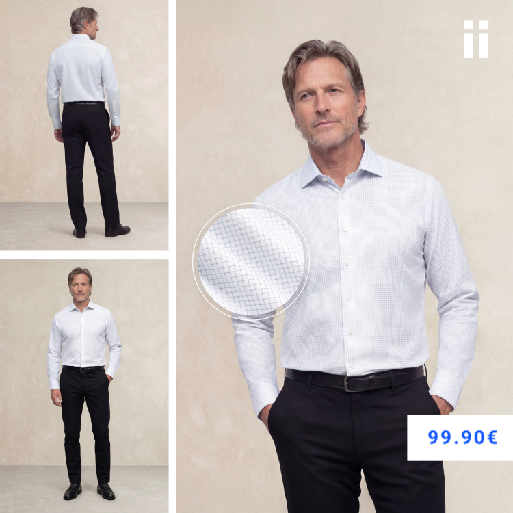 Camisa de vestir hombre estampado cuadro fino celeste regular