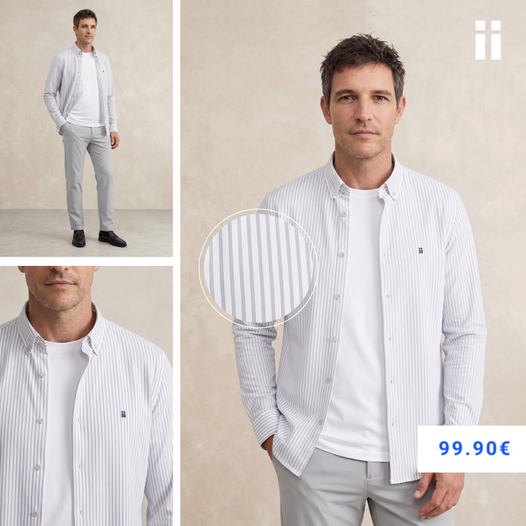 Camisa casual hombre estampado rayas gris regular