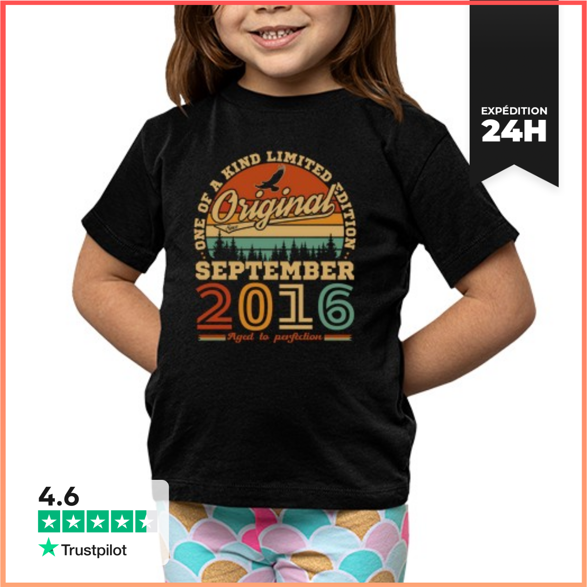 Tee Shirt Pour Enfant Manche Courte Septembre 2016 Vintage Anniversaire RéTro-image