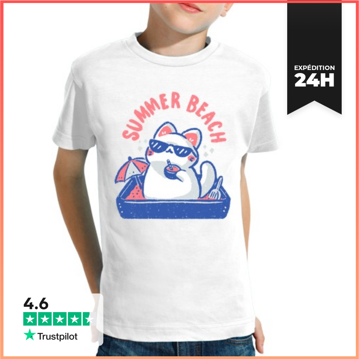 Tee Shirt Pour Enfant Manche Courte Chat De Plage DéTé Amusant-image