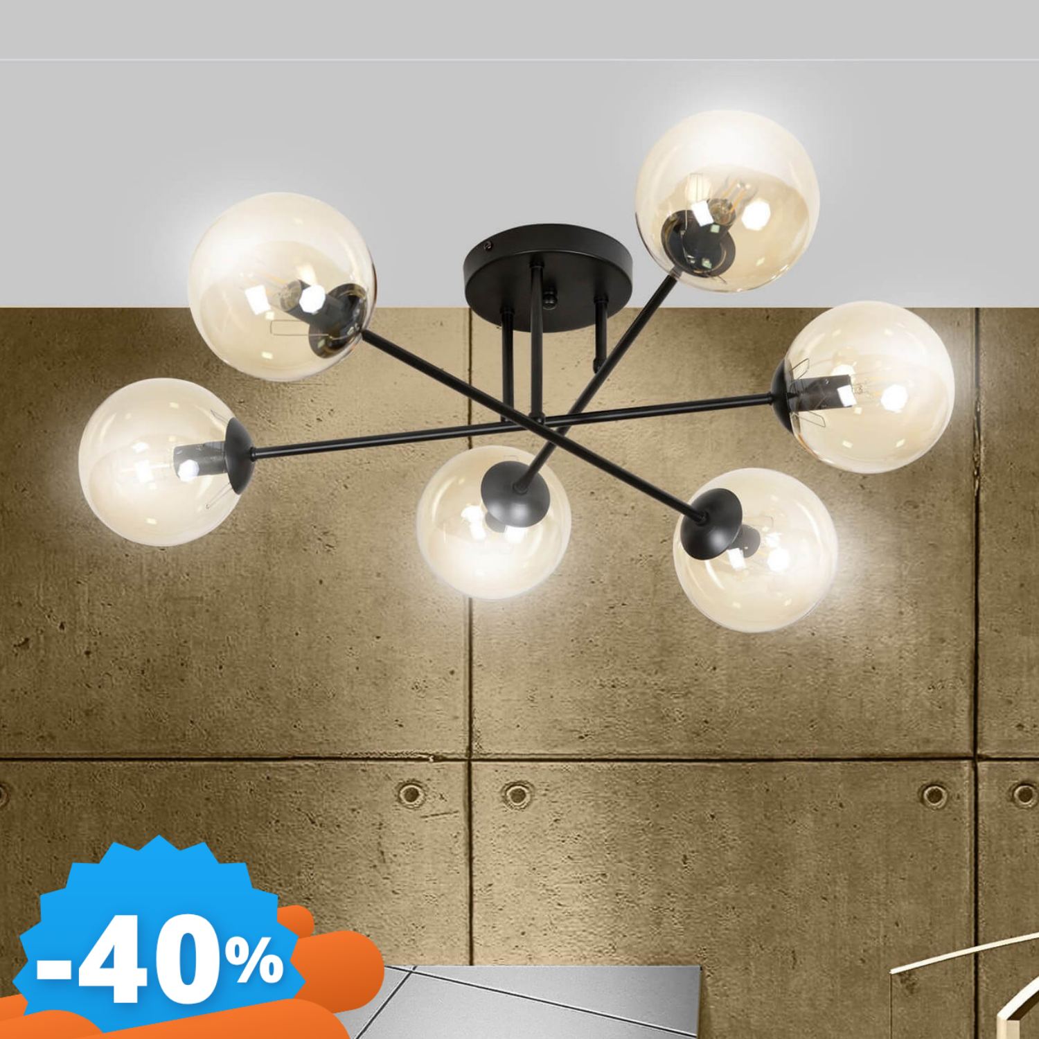 Emibig Lighting Nero Lampadario Da Soffitto Brendi 6B Con Sfere Miele - E14