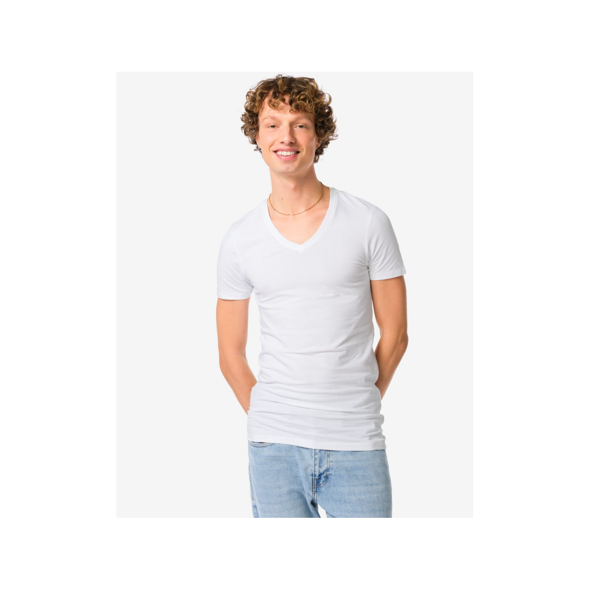 HEMA Heren T-shirts slimfit diepe v-hals extra lang - 2 stuks wit (wit)