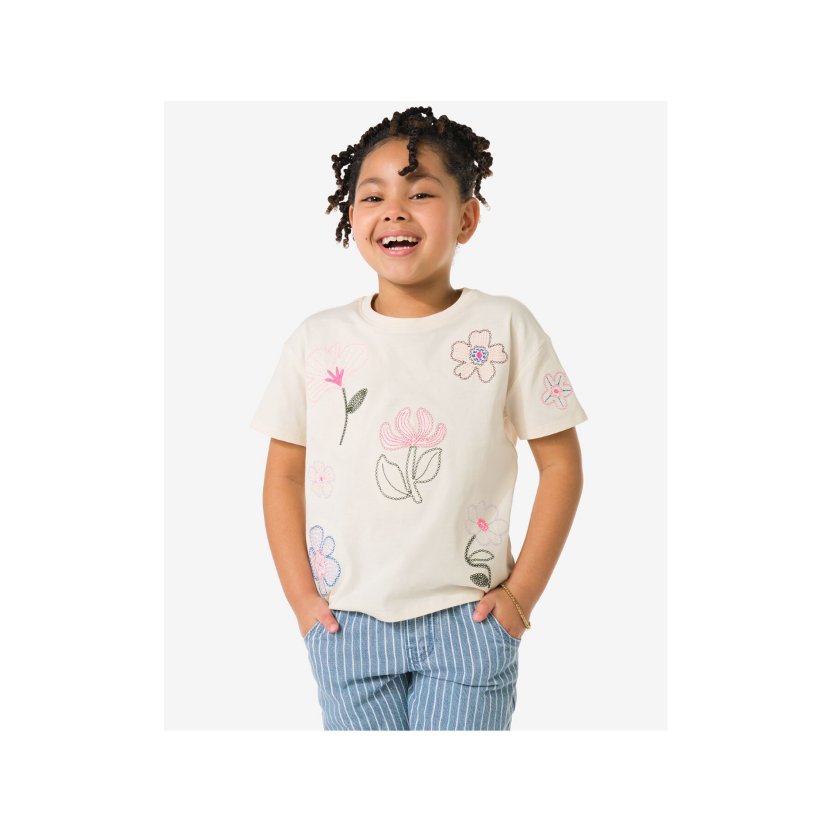 HEMA Kinder T-shirt jersey bloemen ecru (ecru)