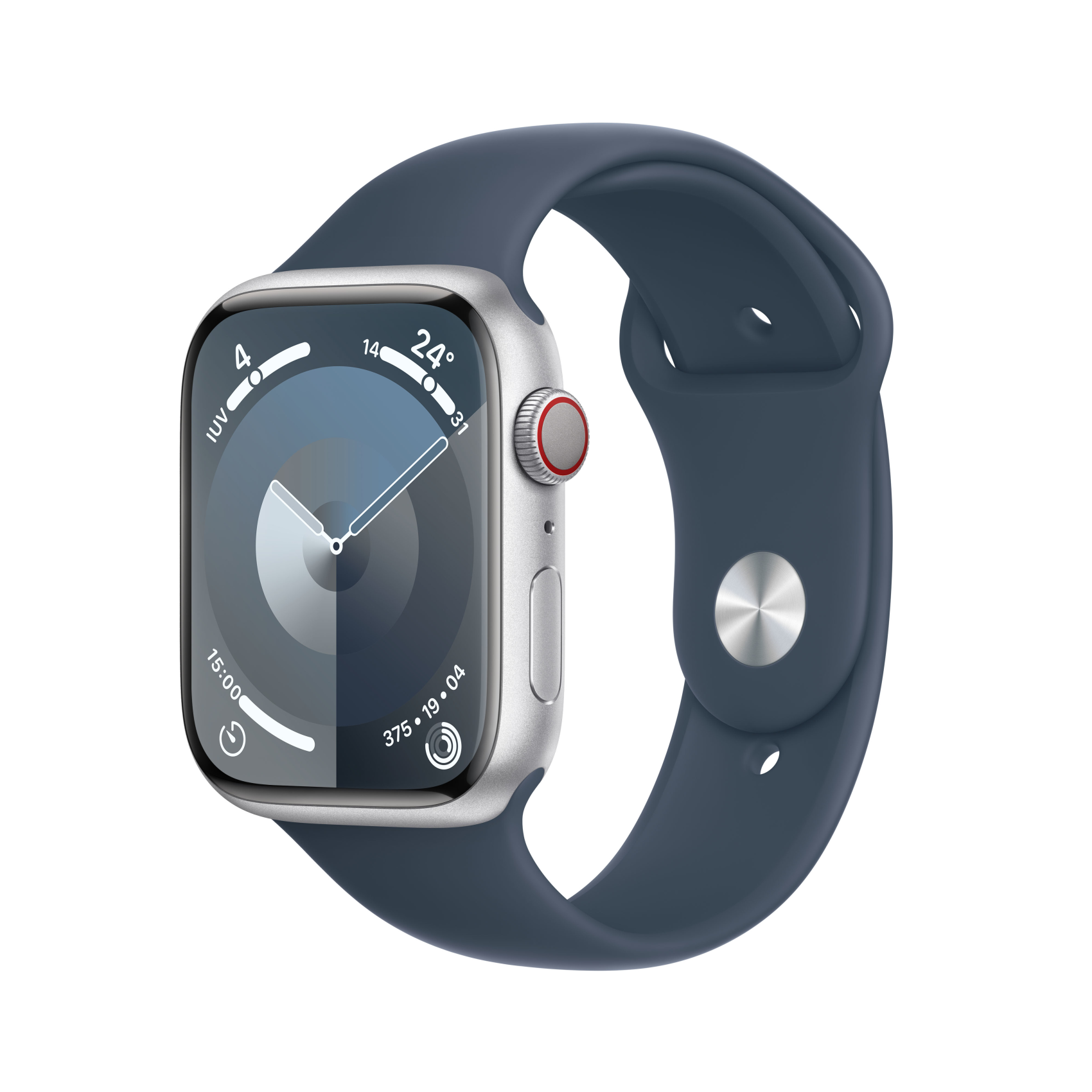 Apple Watch Series 9 GPS + Cellular 45mm Aluminium silber mit Sportarmband M/L sturmblau, mrmh3qf/a