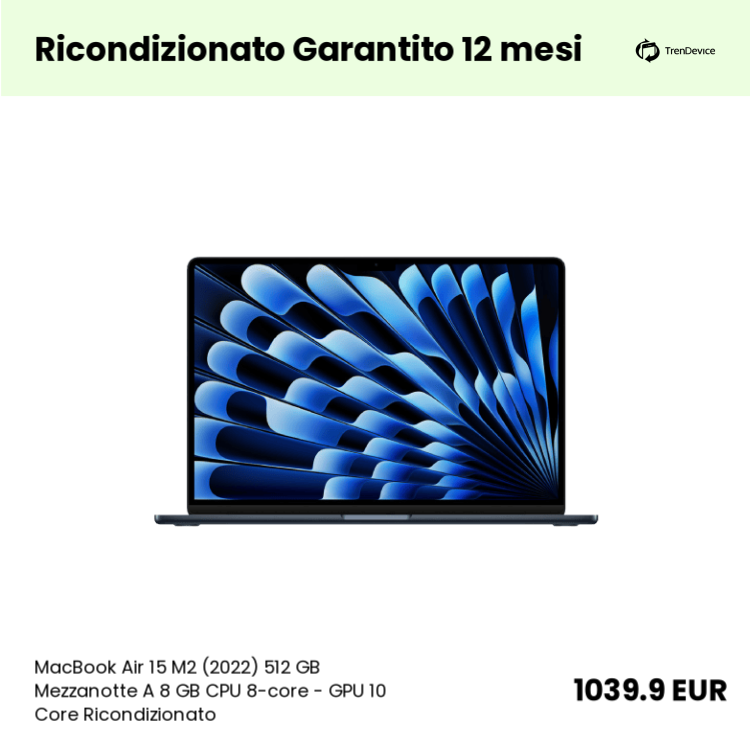 MacBook Air 15 M2 (2022) 512 GB Mezzanotte A 8 GB CPU 8-core - GPU 10 Core Ricondizionato