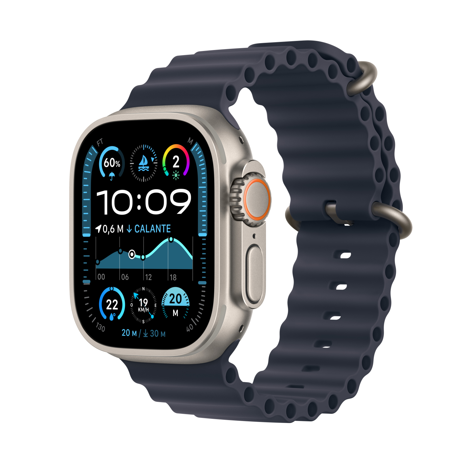 Apple Watch Ultra 2 Natur mit Ocean Armband Marine, mx4d3fd/a